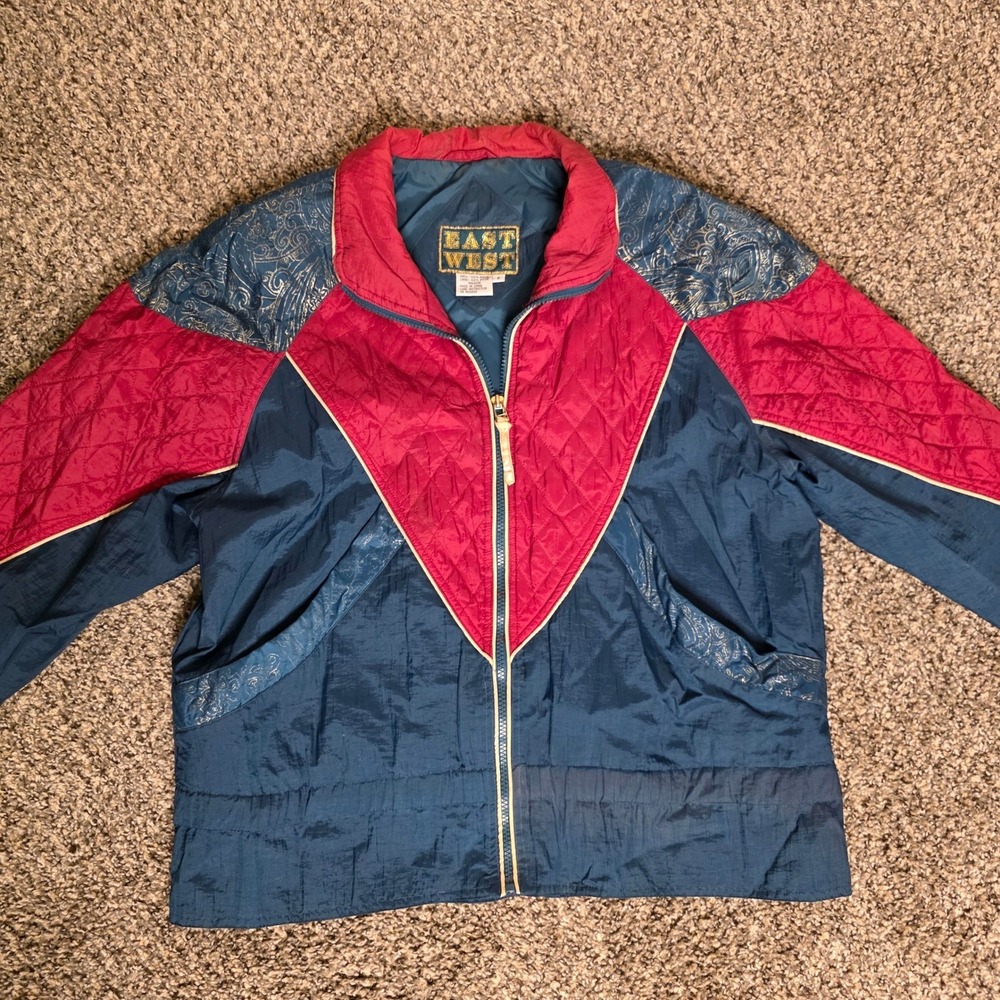 Vtg East West Windbreaker Jacket 80s Colorblock Quilted Nylon Blue Pink S‎